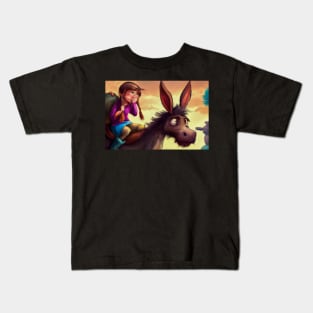 A Distressed Young Girl Riding a Donkey Kids T-Shirt